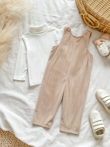 SHEIN Vintaside Kids 2pcs Toddler Boy Turtleneck Top + Overalls Cute White Apricot Bear Patch Corduroy Long Sleeve High Neck Regular Party Fall Winter Fall Holiday Ribbed - Khaki - View 2