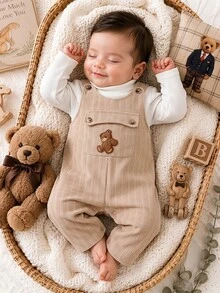 SHEIN Vintaside Kids 2pcs Toddler Boy Turtleneck Top + Overalls Cute White Apricot Bear Patch Corduroy Long Sleeve High Neck Regular Party Fall Winter Fall Holiday Ribbed - Khaki - View 4