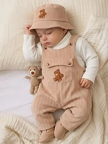 SHEIN Vintaside Kids 2pcs Toddler Boy Turtleneck Top + Overalls Cute White Apricot Bear Patch Corduroy Long Sleeve High Neck Regular Party Fall Winter Fall Holiday Ribbed - Khaki - View 1