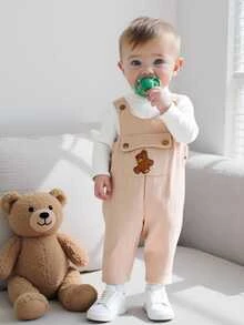 SHEIN Vintaside Kids 2pcs Toddler Boy Turtleneck Top + Overalls Cute White Apricot Bear Patch Corduroy Long Sleeve High Neck Regular Party Fall Winter Fall Holiday Ribbed - Khaki - View 5