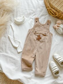 SHEIN Vintaside Kids 2pcs Toddler Boy Turtleneck Top + Overalls Cute White Apricot Bear Patch Corduroy Long Sleeve High Neck Regular Party Fall Winter Fall Holiday Ribbed - Khaki - View 9