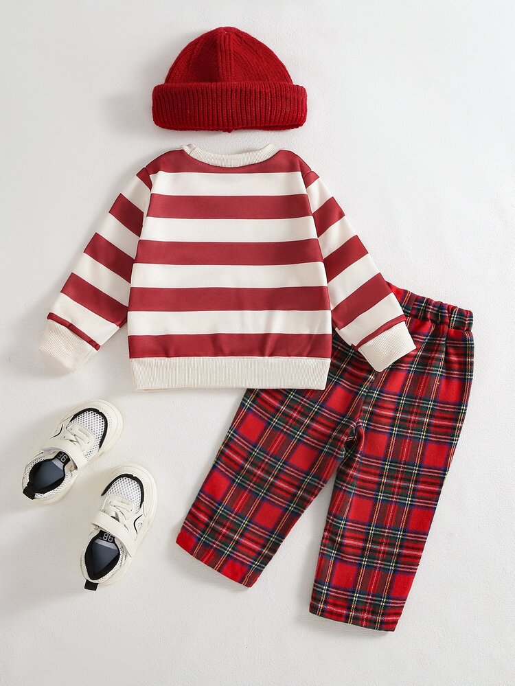 Souflis Souflis 2pcs Toddler Boy Sweatshirt Pants Set Preppy Cute Red White Striped Bear Plaid Long Sleeve Crewneck Thick Gift Winter Fall Holiday Jumpers - Burgundy - View 2