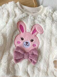 SHEIN Souflis 2pcs/Set Baby Girl Embroidered Rabbit + Letter 3D Bow Design, Children Casual Simple Round Neck Top, Plush Fabric, Long Sleeve + Long Pants Two Pieces Set, Elastic Waist Pants, Comfortable For Winter, Versatile And Fashionable, Suitable For Outings, Vacations And Daily Wear - White - View 7