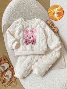 SHEIN Souflis 2pcs/Set Baby Girl Embroidered Rabbit + Letter 3D Bow Design, Children Casual Simple Round Neck Top, Plush Fabric, Long Sleeve + Long Pants Two Pieces Set, Elastic Waist Pants, Comfortable For Winter, Versatile And Fashionable, Suitable For Outings, Vacations And Daily Wear - White - View 6