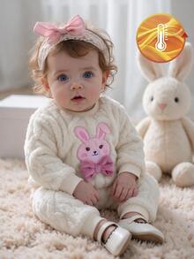 SHEIN Souflis 2pcs/Set Baby Girl Embroidered Rabbit + Letter 3D Bow Design, Children Casual Simple Round Neck Top, Plush Fabric, Long Sleeve + Long Pants Two Pieces Set, Elastic Waist Pants, Comfortable For Winter, Versatile And Fashionable, Suitable For Outings, Vacations And Daily Wear - White - View 5