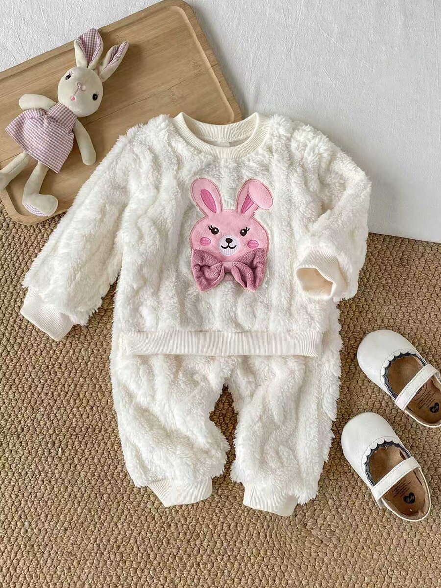 SHEIN Souflis 2pcs/Set Baby Girl Embroidered Rabbit + Letter 3D Bow Design, Children Casual Simple Round Neck Top, Plush Fabric, Long Sleeve + Long Pants Two Pieces Set, Elastic Waist Pants, Comfortable For Winter, Versatile And Fashionable, Suitable For Outings, Vacations And Daily Wear - White - View 1