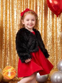 SHEIN Elladie kids Baby Girl Elegant Faux Fur Cropped Jacket, Open Front Long Sleeve Warm Fluffy Outerwear For Special Occasion - Black - View 4