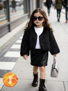 SHEIN Elladie kids Baby Girl Elegant Faux Fur Cropped Jacket, Open Front Long Sleeve Warm Fluffy Outerwear For Special Occasion - Black - View 2