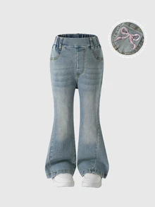 Young Girls Korean Denim Bow Jeans, Y2k, Trousers, Autumn, New Fall Styles Bow Embroidered Flared Pants Four Seasons - Light Wash - View 3