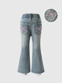 Young Girls Korean Denim Bow Jeans, Y2k, Trousers, Autumn, New Fall Styles Bow Embroidered Flared Pants Four Seasons - Light Wash - View 2