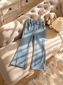 Young Girls Korean Denim Bow Jeans, Y2k, Trousers, Autumn, New Fall Styles Bow Embroidered Flared Pants Four Seasons - Light Wash - View 1