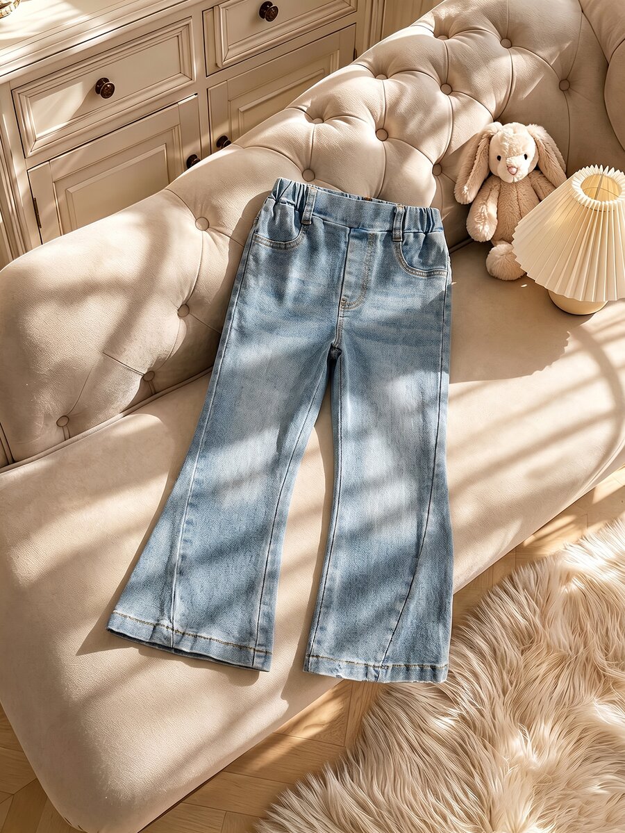 Young Girls Korean Denim Bow Jeans, Y2k, Trousers, Autumn, New Fall Styles Bow Embroidered Flared Pants Four Seasons - Light Wash - View 1