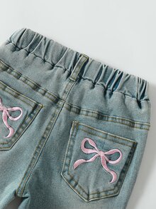 Young Girls Korean Denim Bow Jeans, Y2k, Trousers, Autumn, New Fall Styles Bow Embroidered Flared Pants Four Seasons - Light Wash - View 7