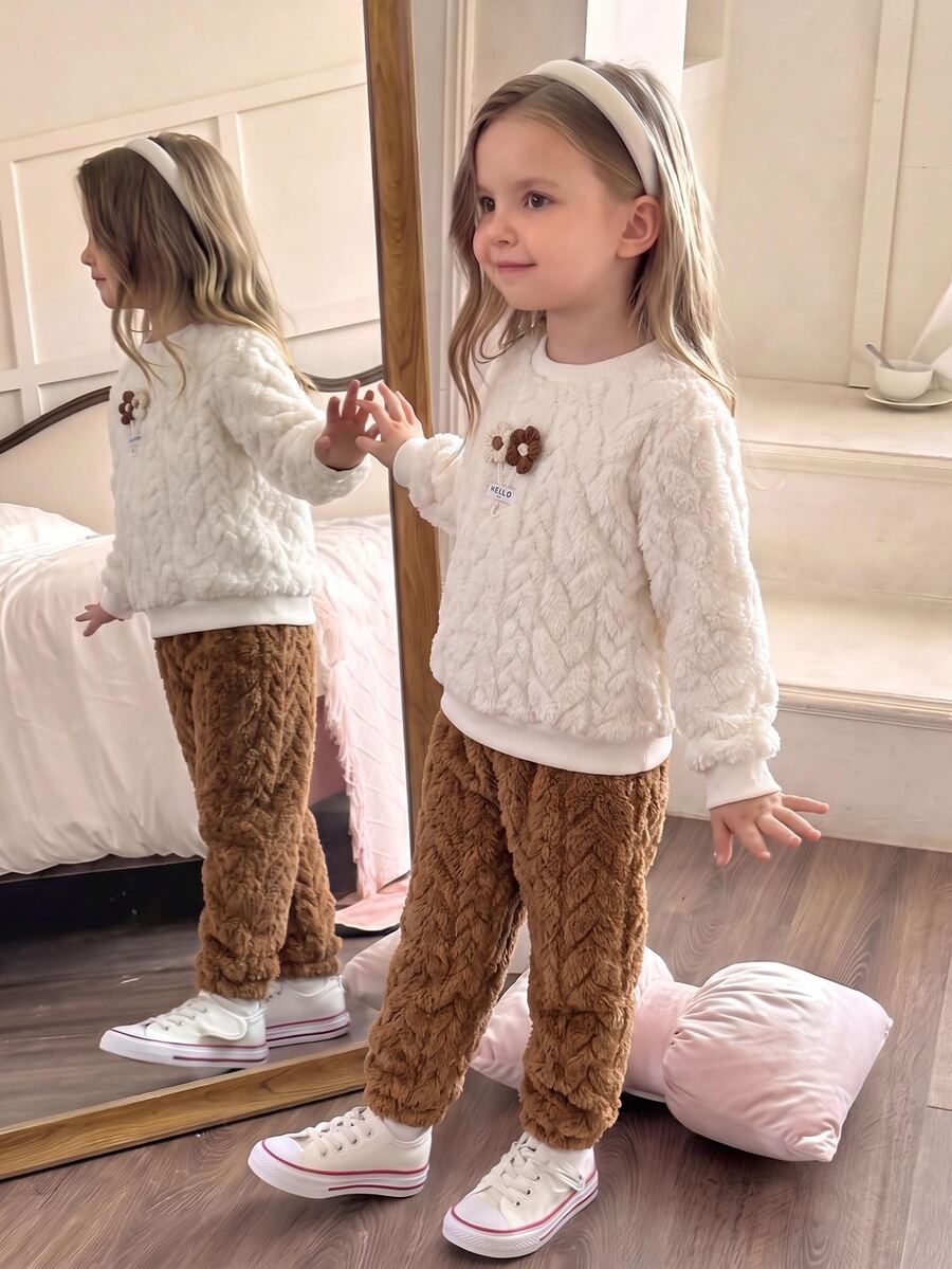 SHEIN Elladie kids Set Pullover Jacquard Aprikot Lembut Musim Gugur/Dingin untuk Anak Perempuan, Desain Bunga 3D yang Lucu, Manset dan Ujung Bawah Elastis, Cocok untuk Pemakaian Sehari-hari dan Jalan-jalan - Coklat - View 1