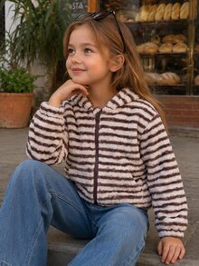 SHEIN 幼童女款秋季棕色條紋長袖抓絨連帽夾克，附口袋，休閒拉鍊毛茸茸針織外套，可愛加厚秋季衣物 - 卡其色 - 查看 3