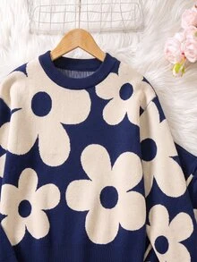 Girls' Autumn/Winter Fashion Pattern Jacquard Knit Sweater Long Sleeve Pullover & Long Pants Set - Blue - View 3