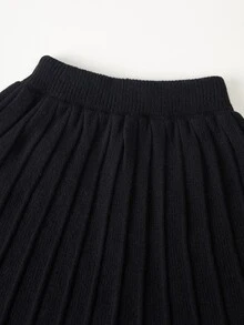 SHEIN 女童秋冬時尚愛心蝴蝶結針織長袖開襟毛衣與黑色裙子套裝 - 杏色 - 查看 6