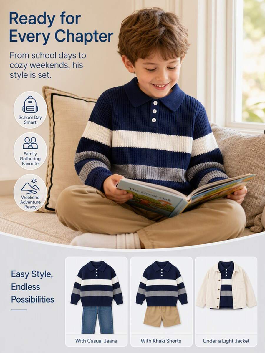 Genkimix Kids Baju Rajut Lengan Panjang Motif Garis-Garis Kontras Warna untuk Bayi Laki-Laki Musim Gugur/Dingin - Navy Blue - View 1