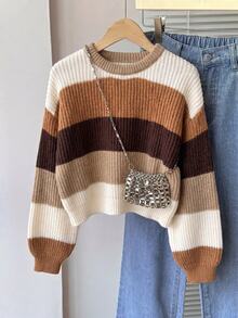 SHEIN Girls' Autumn/Winter Fashion Minimalist Thick Knit Sweater Long Sleeve Top - Brown - View 8