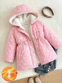 SHEIN Playful Pals 女童收腰連帽加厚棉襖外套，保暖內裡，拉鍊開合，仿抽繩設計，修身貼合 - 粉色 - 查看 4
