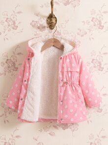 SHEIN Playful Pals 女童收腰連帽加厚棉襖外套，保暖內裡，拉鍊開合，仿抽繩設計，修身貼合 - 粉色 - 查看 6