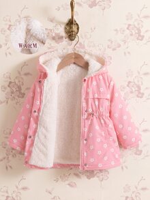 SHEIN Playful Pals 女童收腰連帽加厚棉襖外套，保暖內裡，拉鍊開合，仿抽繩設計，修身貼合 - 粉色 - 查看 5