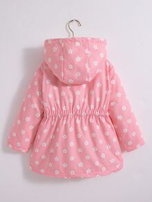 SHEIN Playful Pals 女童收腰連帽加厚棉襖外套，保暖內裡，拉鍊開合，仿抽繩設計，修身貼合 - 粉色 - 查看 3