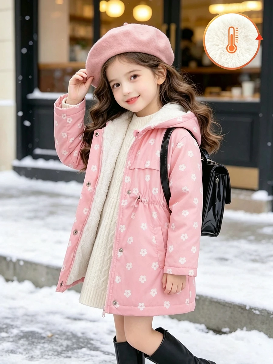 SHEIN Playful Pals 女童收腰連帽加厚棉襖外套，保暖內裡，拉鍊開合，仿抽繩設計，修身貼合