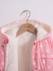 SHEIN Playful Pals 女童收腰連帽加厚棉襖外套，保暖內裡，拉鍊開合，仿抽繩設計，修身貼合 - 粉色 - 查看 7