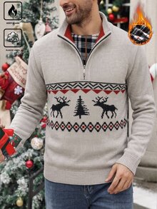 Manfinity Homme Christmas Outfit Men's Striped Long Sleeve Zip-Up Half-Placket Casual Sweater Yellow Fleece-Lined Version Stay Warm This Winter - Beige - View 8