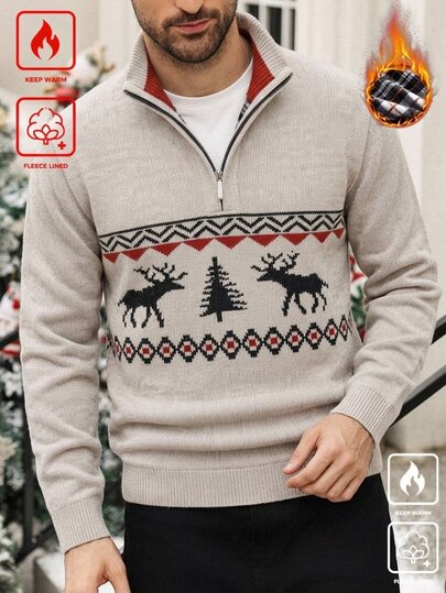 Manfinity Homme Christmas Outfit Men's Striped Long Sleeve Zip-Up Half-Placket Casual Sweater Yellow Fleece-Lined Version Stay Warm This Winter