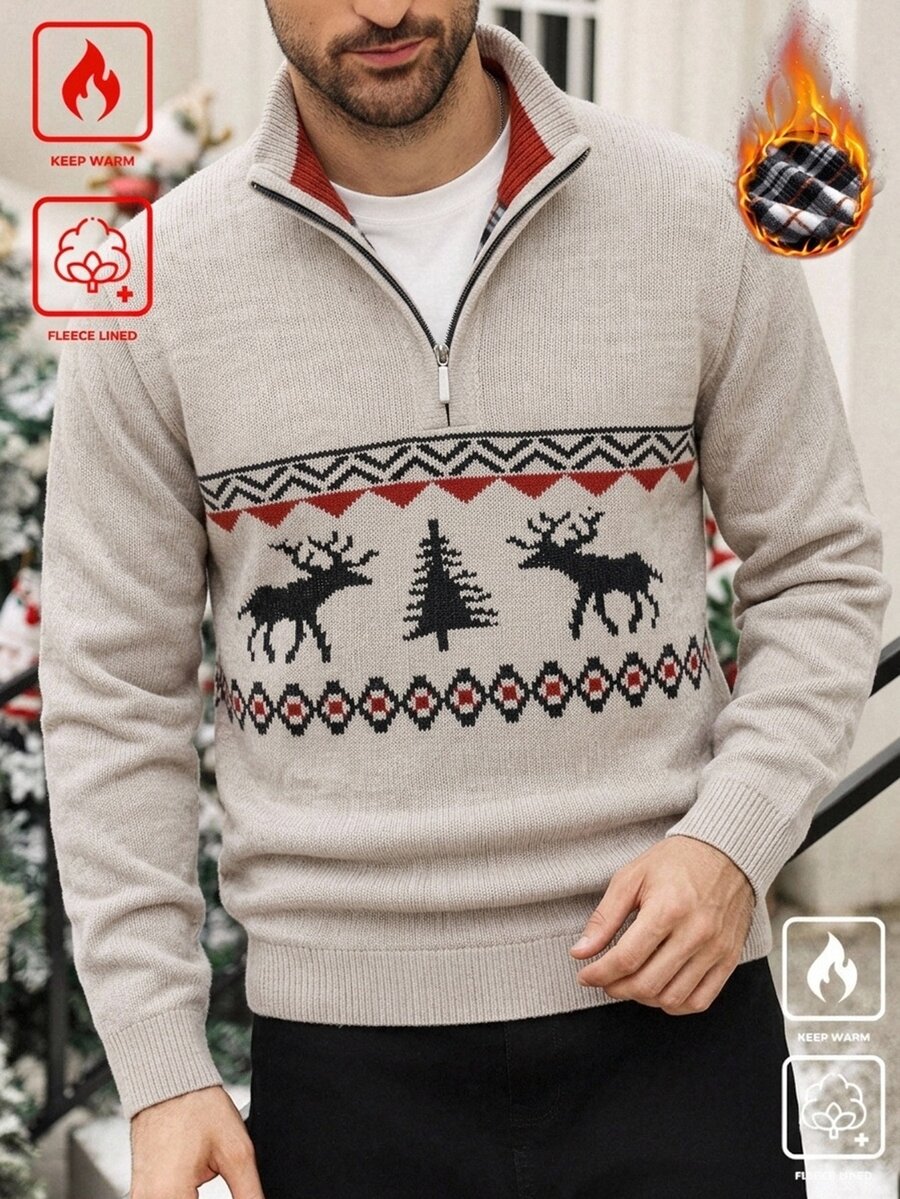 Manfinity Homme Christmas Outfit Men's Striped Long Sleeve Zip-Up Half-Placket Casual Sweater Yellow Fleece-Lined Version Stay Warm This Winter - Beige - View 1