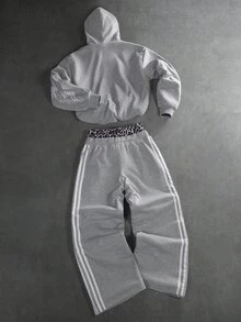 Manfinity Roghcode 男士連帽衛衣套裝，運動服飾，豹紋拼接、字母印花與側條紋裝飾 - 灰色 - 查看 2
