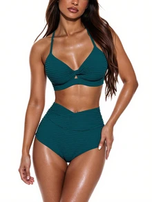 Oceva Women's Summer Beach Solid Color Twisted Bust Sexy Bikini Set - Teal Blue - View 1