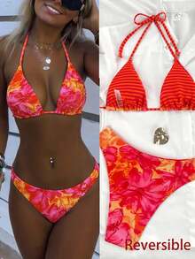 SHEIN Swim 女士热带花卉露背性感比基尼套装，适合海滩度假 - 彩色 - 查看 7