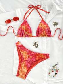 SHEIN Swim 女士热带花卉露背性感比基尼套装，适合海滩度假 - 彩色 - 查看 4