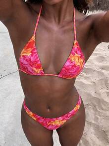 SHEIN Swim 女士热带花卉露背性感比基尼套装，适合海滩度假 - 彩色 - 查看 3