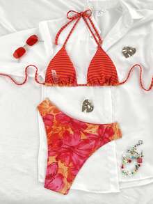 SHEIN Swim 女士热带花卉露背性感比基尼套装，适合海滩度假 - 彩色 - 查看 2