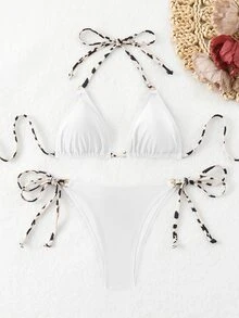 Swim Basics Tankini Swimwear, Random Print Halter Bikini Top With Tie Side Swim Briefs For Summer Beach Vacation - Multicolor - View 2