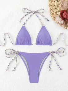 Swim Basics Set Pakaian Renang Wanita Musim Panas Pantai dengan Bikini Seksi Model Halter Tie dan Celana Dalam Segitiga - MultiWarna - View 2