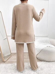 SHEIN Cottnline Plus Size Women Ribbed Knit Top And Pants Casual Lounge Set - Apricot - View 2