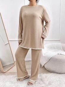 SHEIN Cottnline Plus Size Women Ribbed Knit Top And Pants Casual Lounge Set - Apricot - View 4