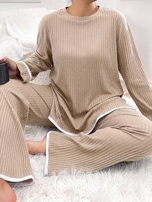 SHEIN Cottnline Plus Size Women Ribbed Knit Top And Pants Casual Lounge Set - Apricot - View 7