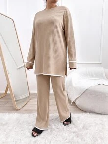 SHEIN Cottnline Plus Size Women Ribbed Knit Top And Pants Casual Lounge Set - Apricot - View 9
