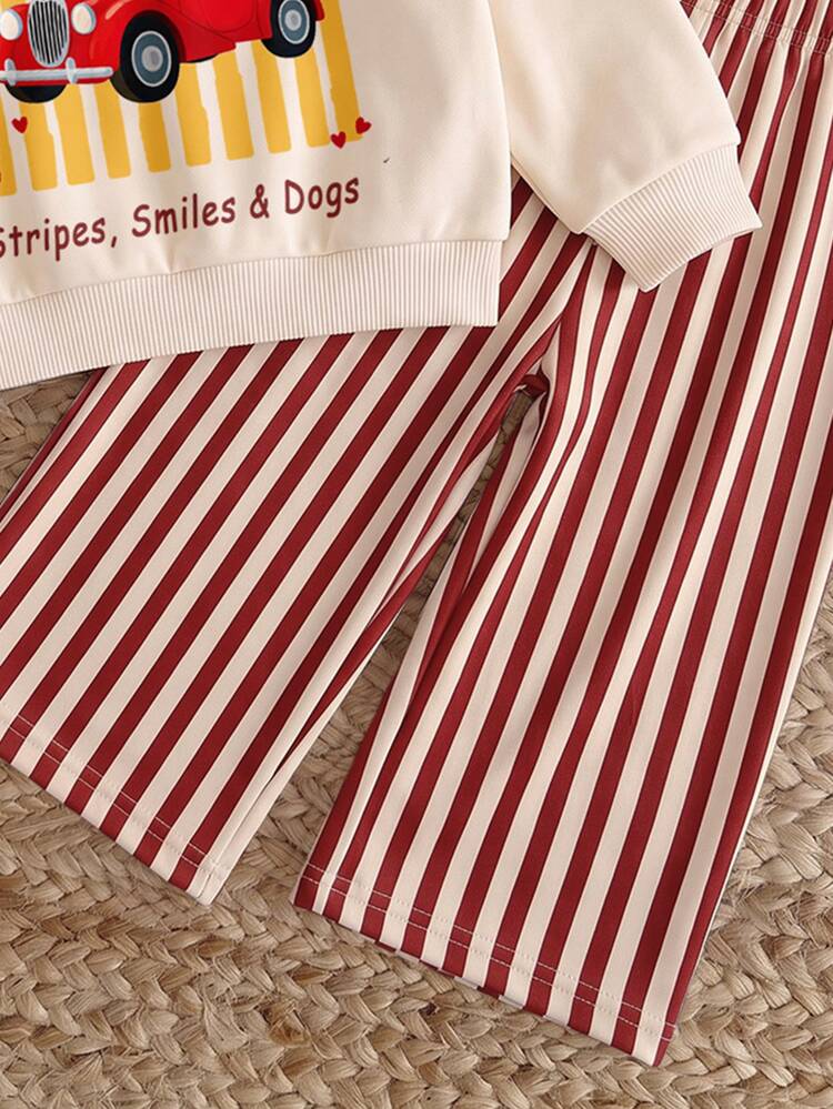 Cream White & Angora Red Striped, Fashionable Retro American Cute Dachshund Dog Print, Unisex Toddler Kids Casual Comfortable Soft Thermal Lined Loose Drop Shoulder Long Sleeve Pullover Sweatshirt & Wide Leg Sweatpants 2 Pieces Set, Suitable For Autumn/Winter Daily Wear, Layering, Streetwear, Sports, American High Street Girl, Sweet Cool Lazy Style - Multicolor - View 7