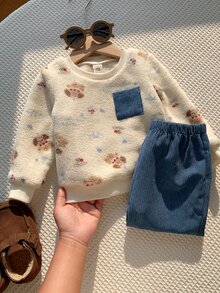 SHEIN 2件組嬰兒男孩女孩秋冬休閒卡通小狗圖案拼色貼布口袋圓領長袖套頭衛衣彈性腰長褲抓絨套裝 嬰兒幼兒服飾 - 彩色 - 查看 6