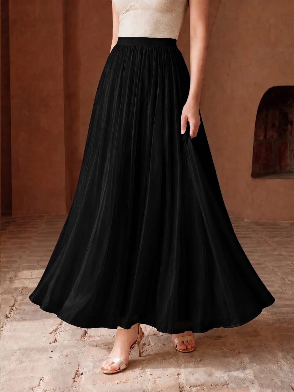 Anewsta Essential Summer New Fashion Elegant Flowy Elegant Shimmering Gauze A-Line Full Skirt Long Skirt