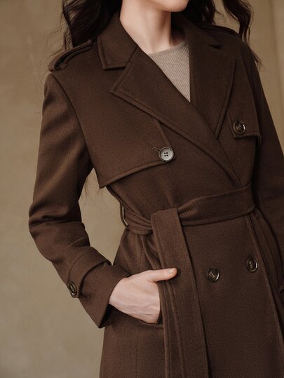 Anewsta Women's Autumn/Winter Long Double-Breasted Lapel Waist-Cinching Tie-Belt Elegant Commuter Wool Coat