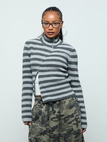 COUREZ Asymmetric Front Knit Top In Stripe /Y2K Tops For Women Fall Autumn Outfit For Women Fall Clothes Going Out Tops Cute Tops For Women  - Dark Grey - View 5