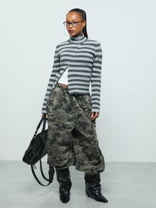 COUREZ Asymmetric Front Knit Top In Stripe /Y2K Tops For Women Fall Autumn Outfit For Women Fall Clothes Going Out Tops Cute Tops For Women  - Dark Grey - View 4